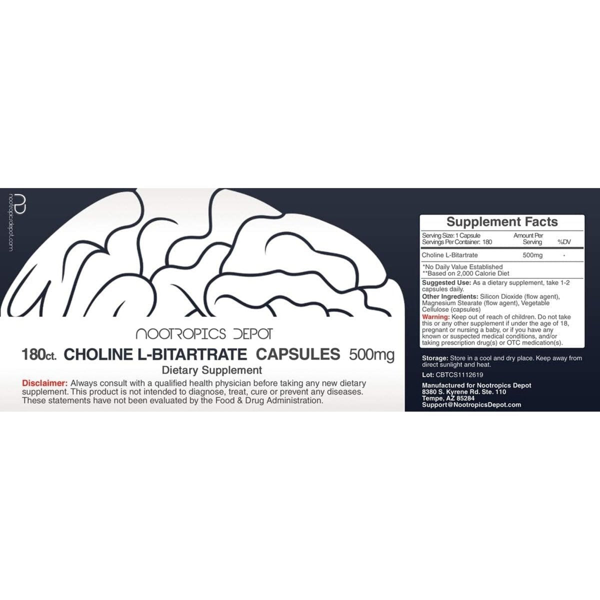 Choline L - Bitartrate Capsules 500Mg (180 Count) | Choline Supplement - Suppviv