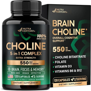 Choline Supplement 550Mg - Choline Bitartrate - Brain & Nervous System Support, Safe for Pregnancy - 120 Capsules - Suppviv
