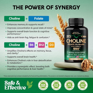 Choline Supplement 550Mg - Choline Bitartrate - Brain & Nervous System Support, Safe for Pregnancy - 120 Capsules - Suppviv