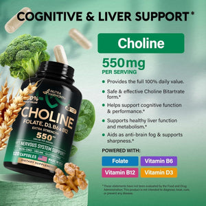 Choline Supplement 550Mg - Choline Bitartrate - Brain & Nervous System Support, Safe for Pregnancy - 120 Capsules - Suppviv