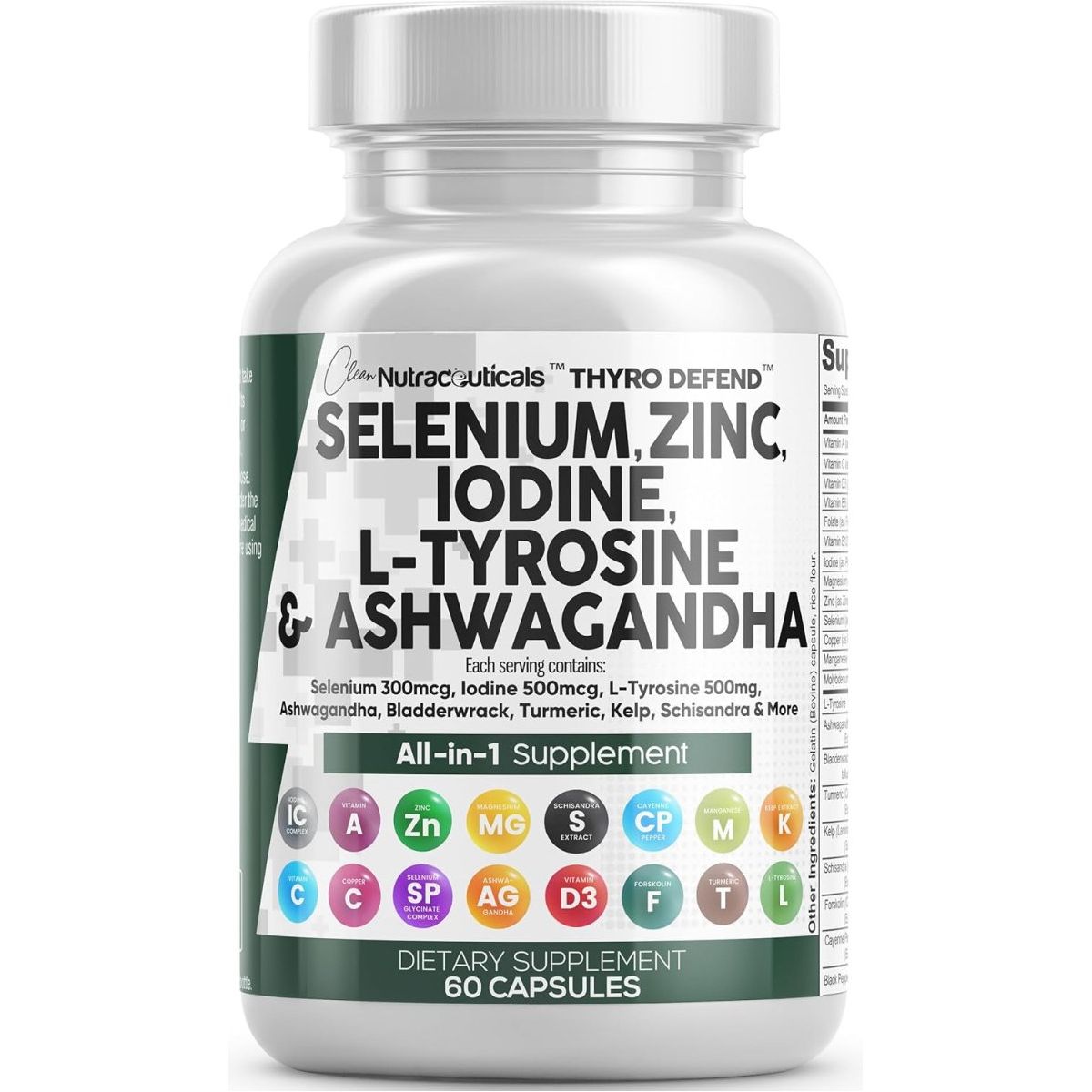 Clean Nutraceuticals Selenium 300Mcg Zinc 50Mg Iodine 500Mcg L Tyrosine 500Mg 60 Capsules - Suppviv
