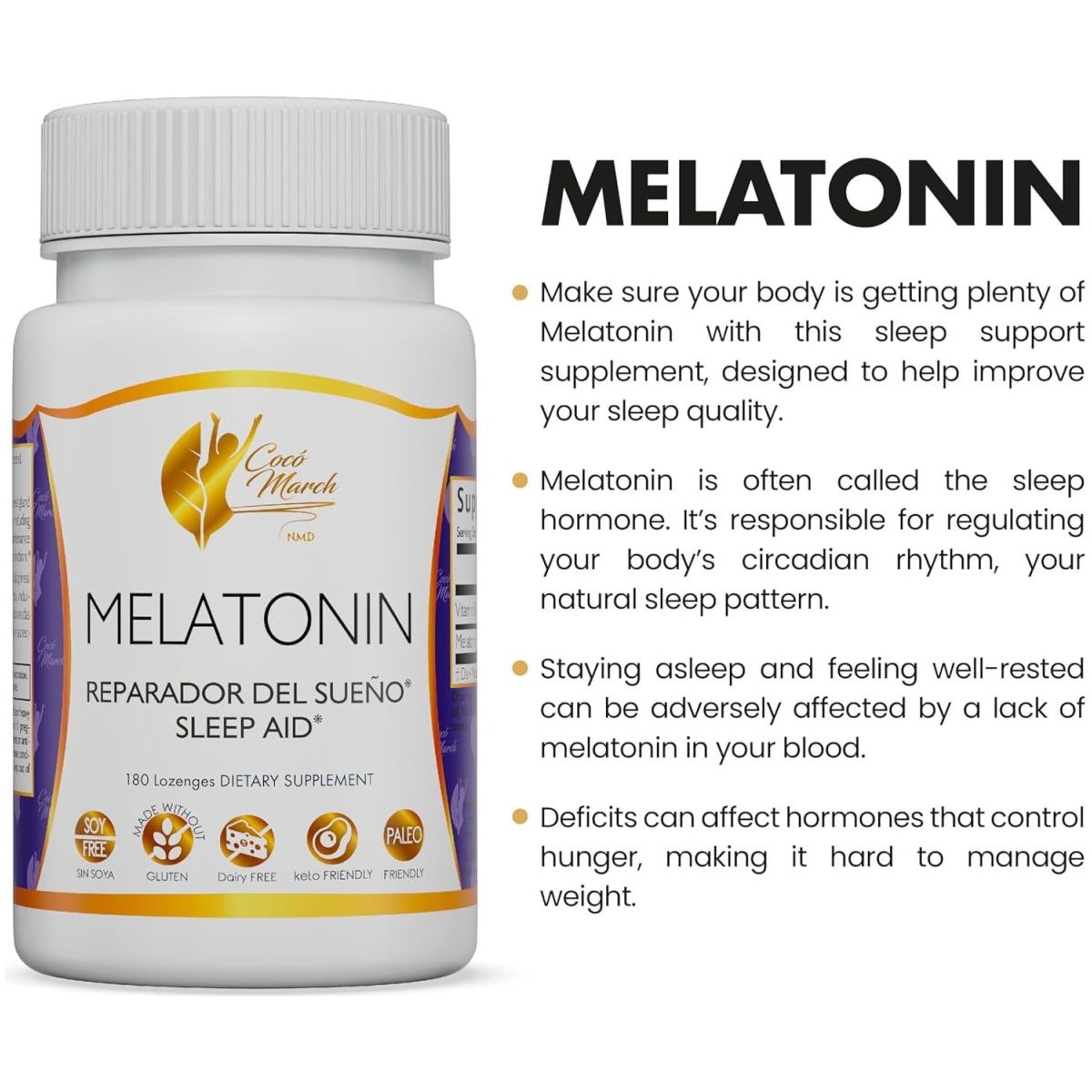 Coco March Chewable Melatonin 3 Mg - Natural Sleep Aid 180 Lozenges - Suppviv