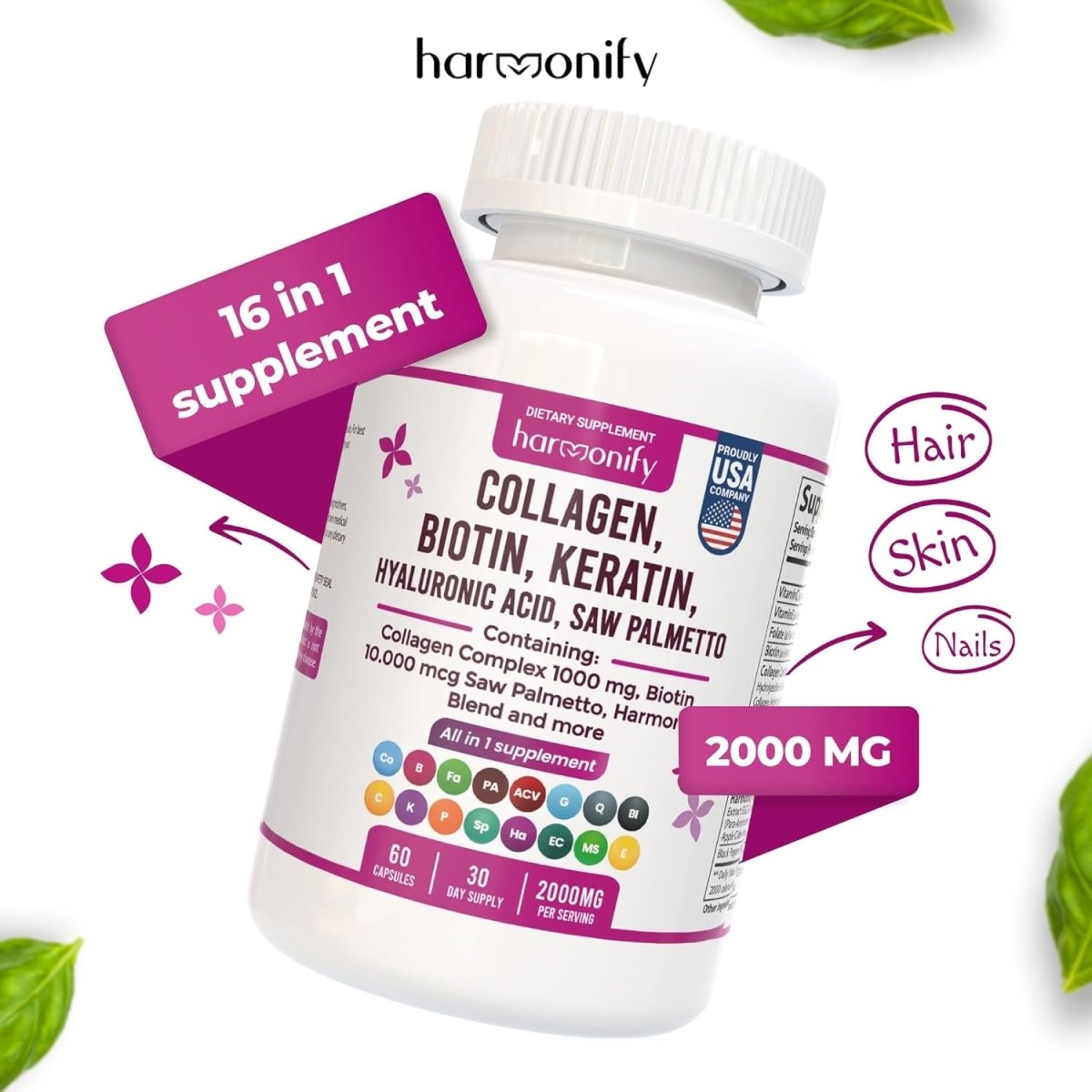 Collagen Biotin Keratin Saw Palmetto Hyaluronic Acid Complex Supplement 16 in 1 Capsules, 1000 Mg - Suppviv