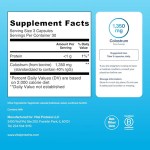 Vital Proteins Bovine Colostrum Supplement 90 Capsules for Gut Health, Immune Support, Unflavored, 30 Servings