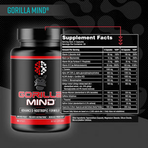 Gorilla Mind Nootropic Formula - Best Caffeinated Productivity Supplement (150 Capsules)