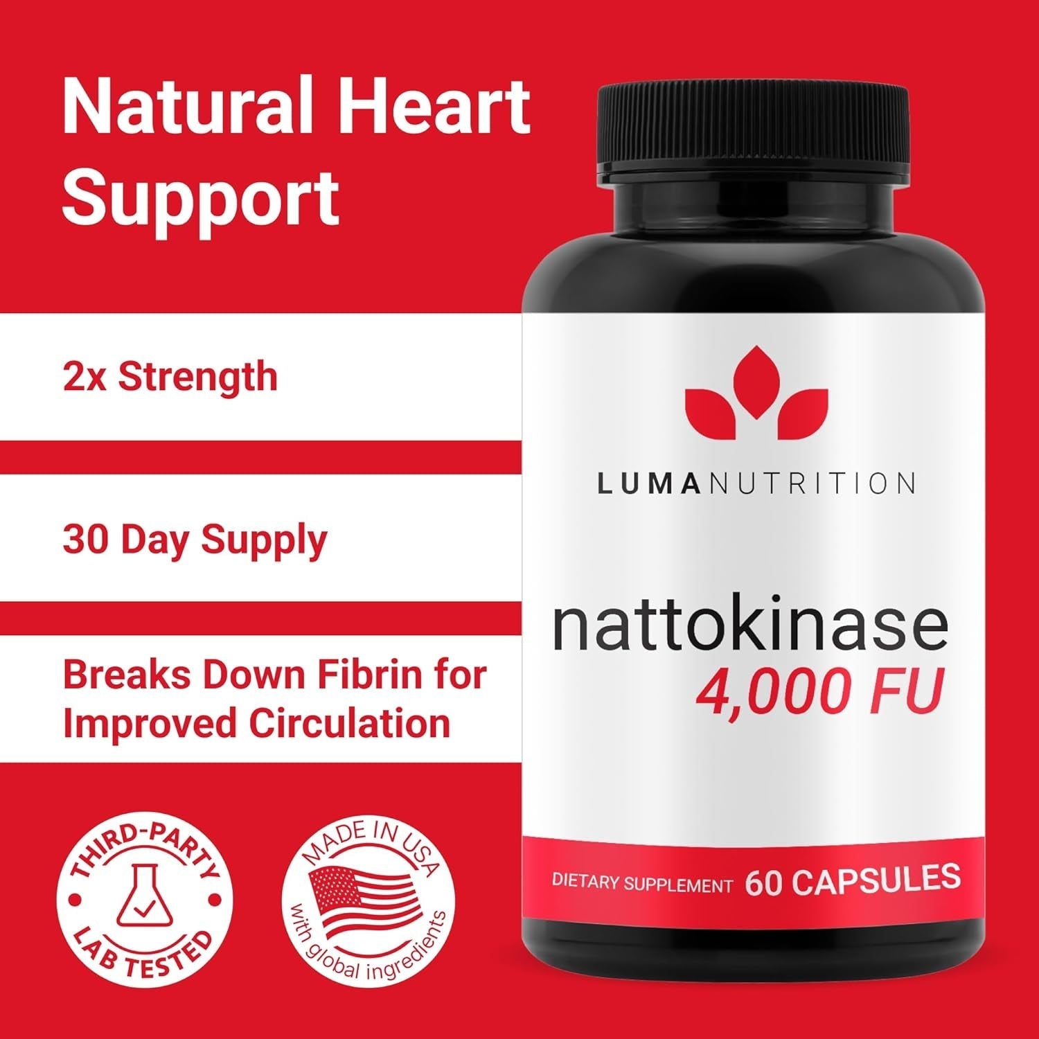 Luma Nutrition Nattokinase Supplement 4000 FU per Serving, Premium Heart Health Support - 60 Capsules - Made in USA
