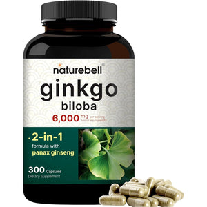 Naturebell Ginkgo Biloba 6,000Mg with Panax Ginseng 500Mg - Promotes Memory, Focus, and Brain Health 300 Capsules