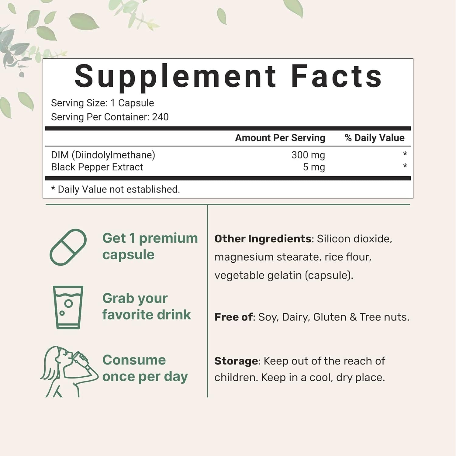 DIM Active Supplement, DIM 300Mg, 240 Veggie Capsules, 2 in 1 Formula, Estrogen Metabolism