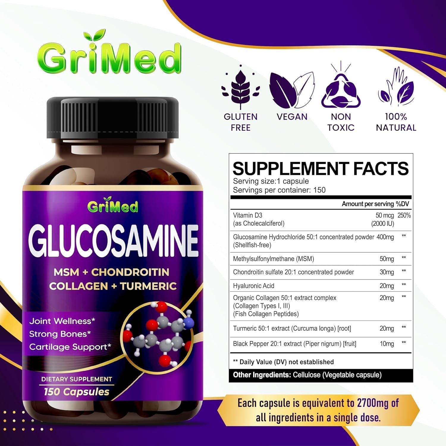 Grimed Glucosamine - X12 Power with MSM, Chondroitin, Collagen, Turmeric for Joint Wellness, Strong Bones, Cartilage Support 12,000Mg