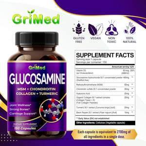 Grimed Glucosamine - X12 Power with MSM, Chondroitin, Collagen, Turmeric for Joint Wellness, Strong Bones, Cartilage Support 12,000Mg