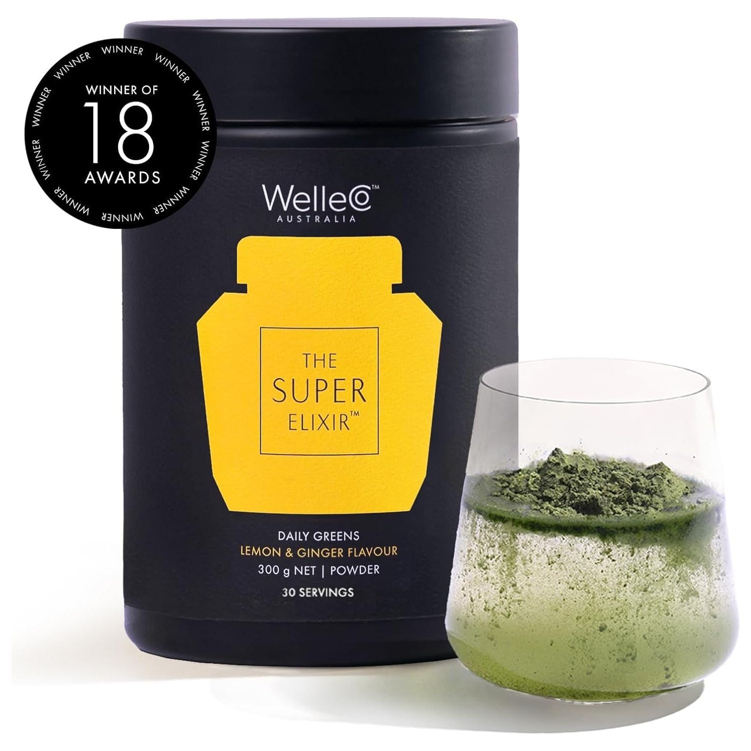 Welleco the Super Elixir Daily Greens Powder for Gut Health, Energy, Immunity, Healthy Skin, Hair & Nails (300G, Lemon Ginger)