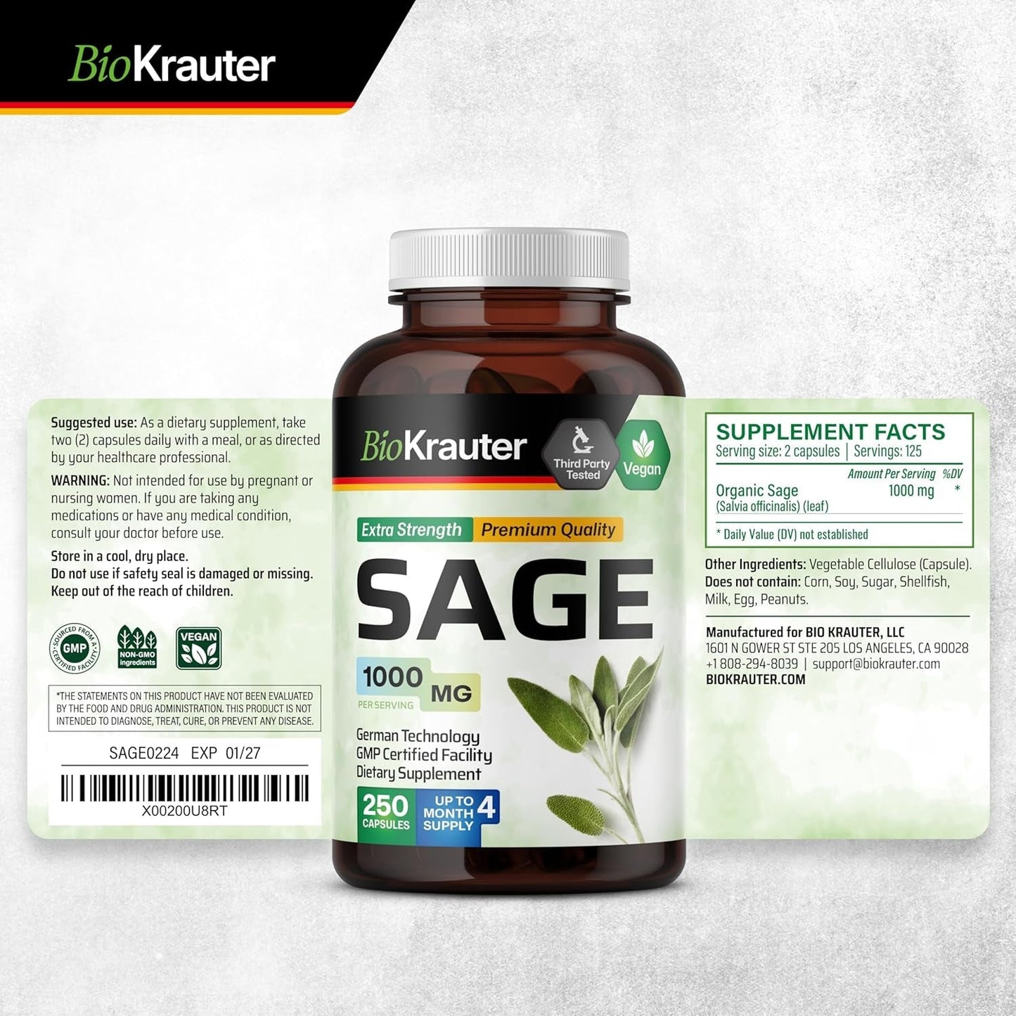 BIO KRAUTER Sage Supplement Capsules 1000 Mg - Immune & Digestive Support (250 Vegan Caps)