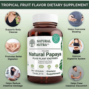 Natural Nutra Papaya Chewable Enzymes for Digestion and Body Cleanse - 90 Vegan Tablets