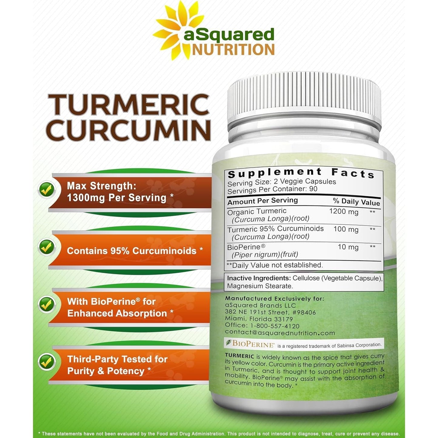 Asquared Nutrition Turmeric Curcumin 1300Mg with Bioperine Black Pepper Extract - 180 Capsules
