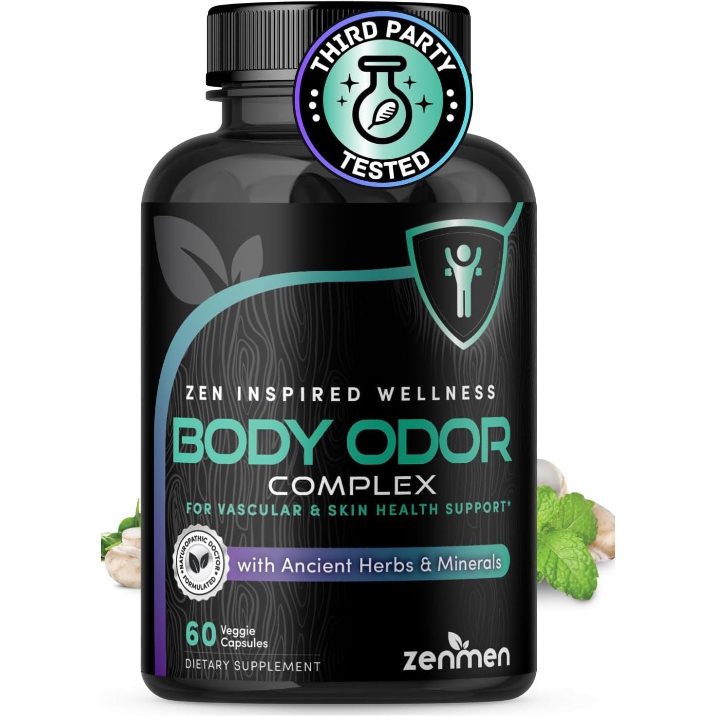 Natural Body Odor Eliminator Pills - Chlorophyll with Zinc, Champignon, Psyllium Fiber - 60 Vegan Capsules. Made in the USA