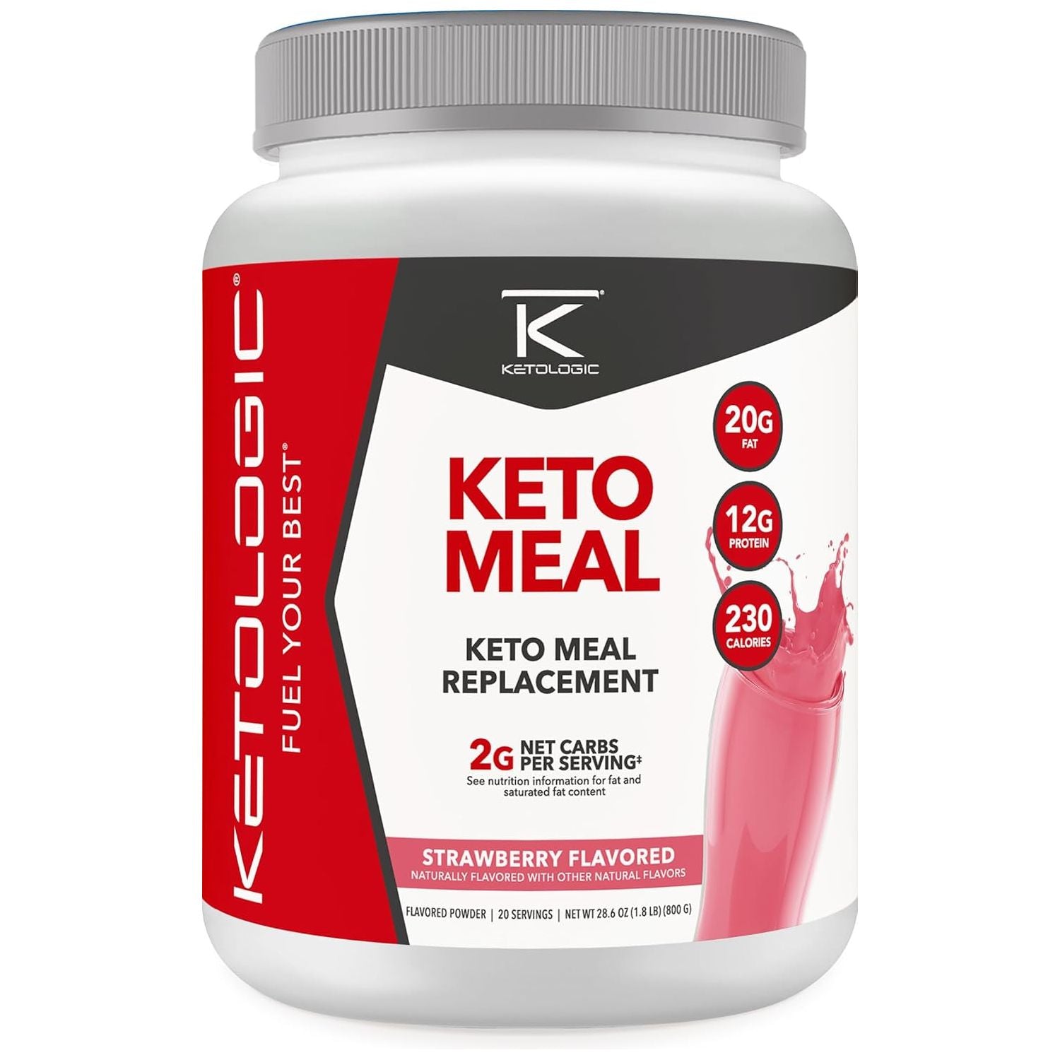 Ketologic Keto Meal Replacement Shake Powder for Optimal Results + MCT Oil + Grass-Fed Whey -20 Servings - Strawberry