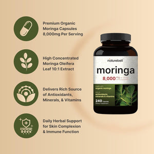 Naturebell Pure Moringa Capsules 8000Mg - 240 Capsules | Green Superfood, Skin Health & Immune Support