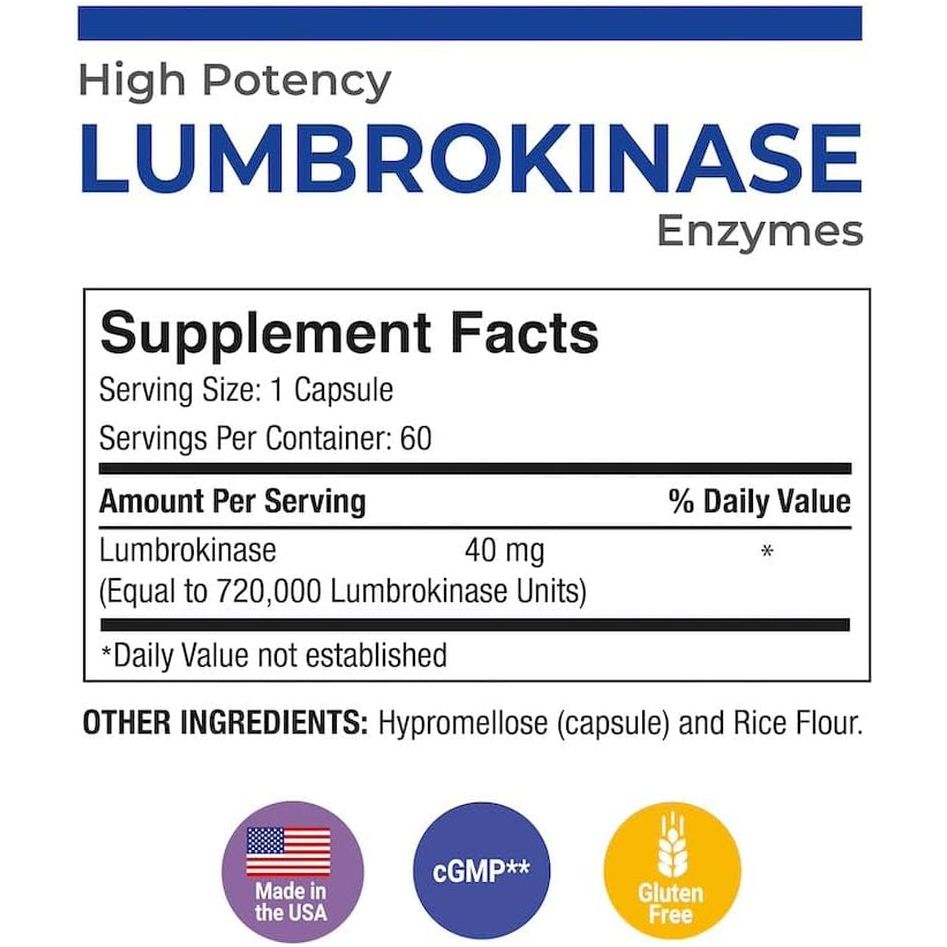 Puregen Labs Lumbrokinase 40Mg High Potency Supplement| No Harmful Additives | Made in USA - 60 Capsules