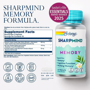 SOLARAY Sharpmind Memory Formula - Brain Supplements for Memory and Focus 30 Servings