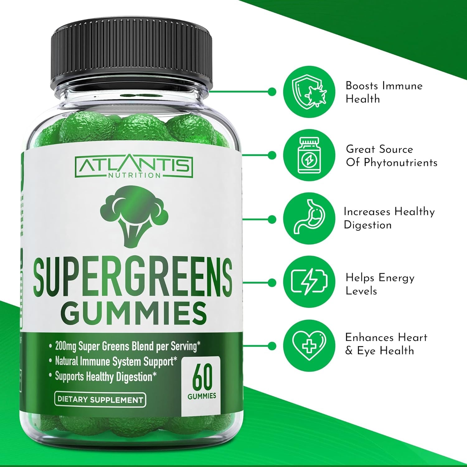 Atlantis Nutrition Supergreens Gummies - Daily Green Superfoods Supplement - Natural Raspberry Flavor, 60 Count