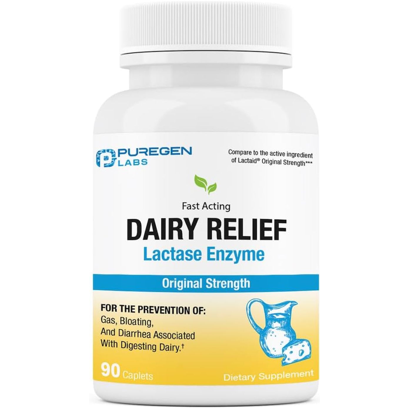 Puregen Labs Dairy Relief Natural Fast Acting Lactase Enzyme 3000 FCC, Lactose Intolerance Pills 90 Caplets