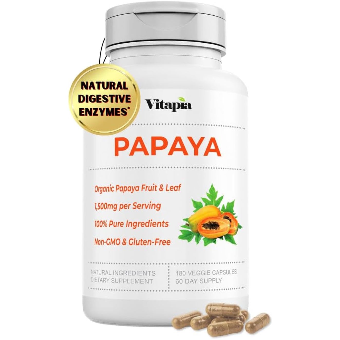 Papaya Fruit Enzyme Capsules for Digestion, Bloating Relief, Immune Support (1500Mg/180 Veggie Capsules)