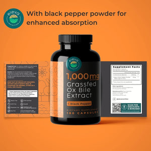 Grass-Fed Ox Bile Extract 1000Mg Bile Salts Supplements with Black Pepper. Supports Digestive Health - 180 Count
