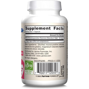 Jarrow Formulas® PQQ 20 Mg, Heart, Brain, and Metabolism Support, 60 Veggie Capsules
