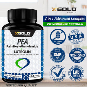 Palmitoylethanolamide 630 Mg + Luteolin Standardized 98% - Made in USA - 120 Veggie Capsules