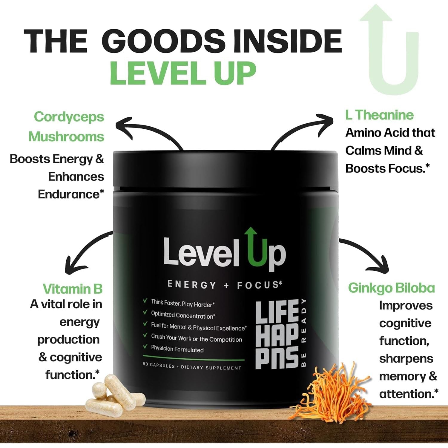 Life Happns Level up Energy and Focus Supplement 90 Capsules