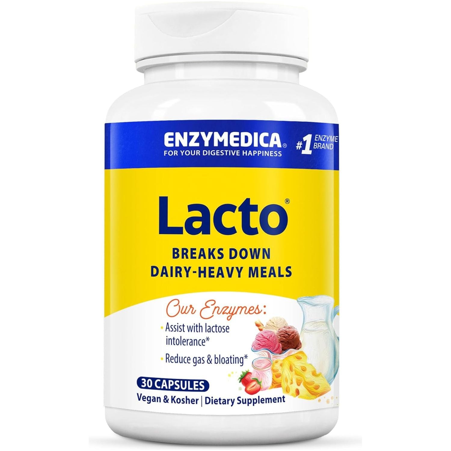 Enzymedica Lacto, Digestive Enzymes for Complete Dairy Digestion, Offers Fast-Acting Gas & Bloating Relief, 30 Count