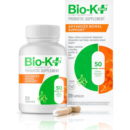 Bio K+ Advanced Bowel Support – Vegan Probiotic Supplement for Digestion Support 50 Billion CFU 3 Strains – 20 Capsules