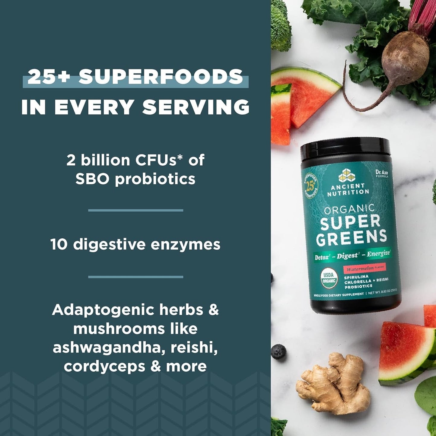 ANCIENT NUTRITION Organic Supergreens Powder with Probiotics for Digestive & Energy Support, 25 Servings