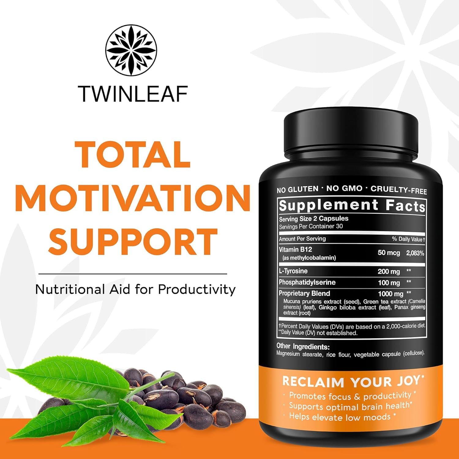 TWINLEAF Dopamine Brain Support Supplement, 1000 Mg Blend - Made in USA - Enhance Mental Well-Being - 60 Capsules