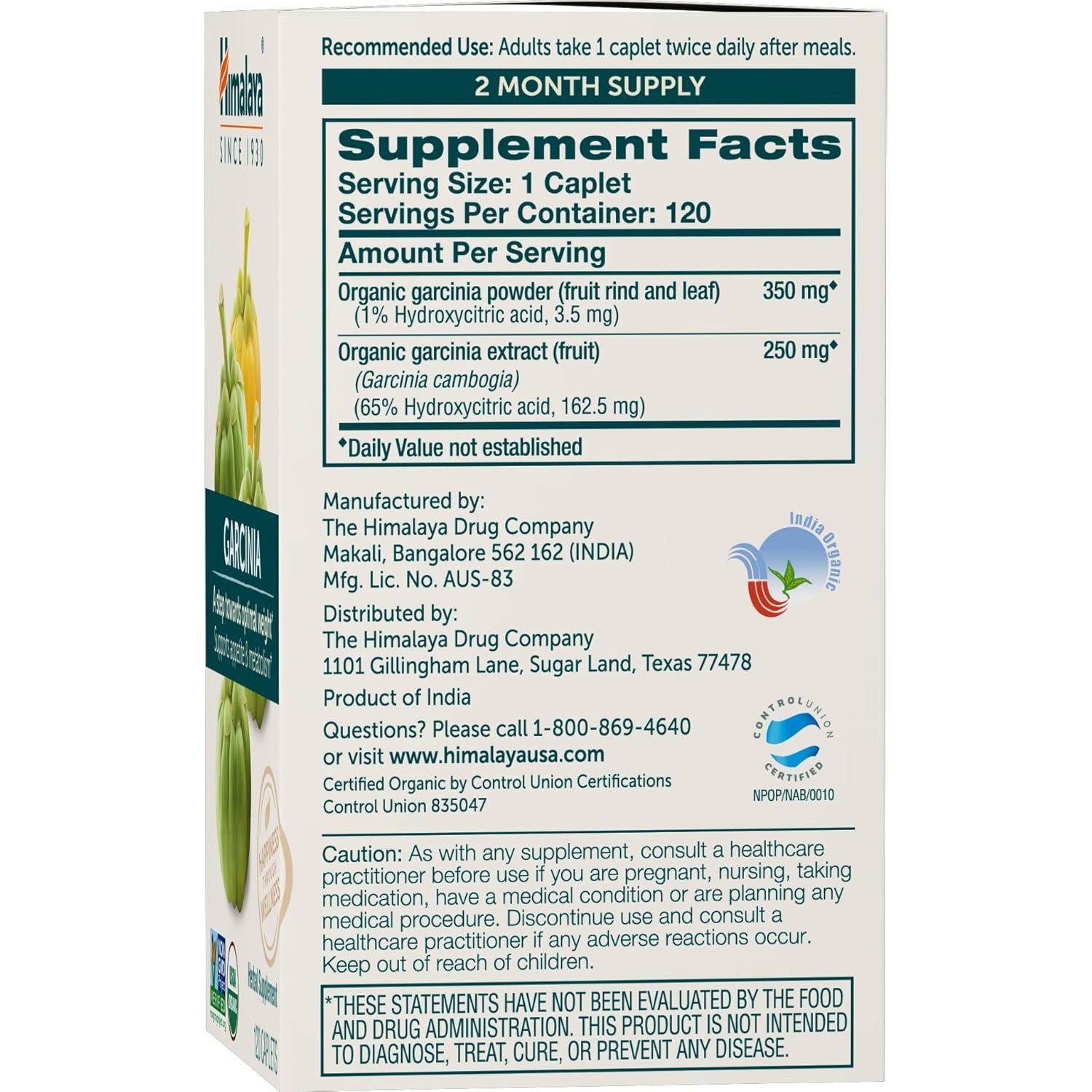 Himalaya Organic Garcinia Cambogia Herbal Supplement, Appetite Control, Lipid Metabolism, Weight Support, 600 Mg, 120 Caplets