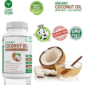 Organic Coconut Oil Capsules - Cold Pressed for Healthy Skin, Extra Hair Growth, Nail Care, Brain Booster - 120 Softgels/2000Mg