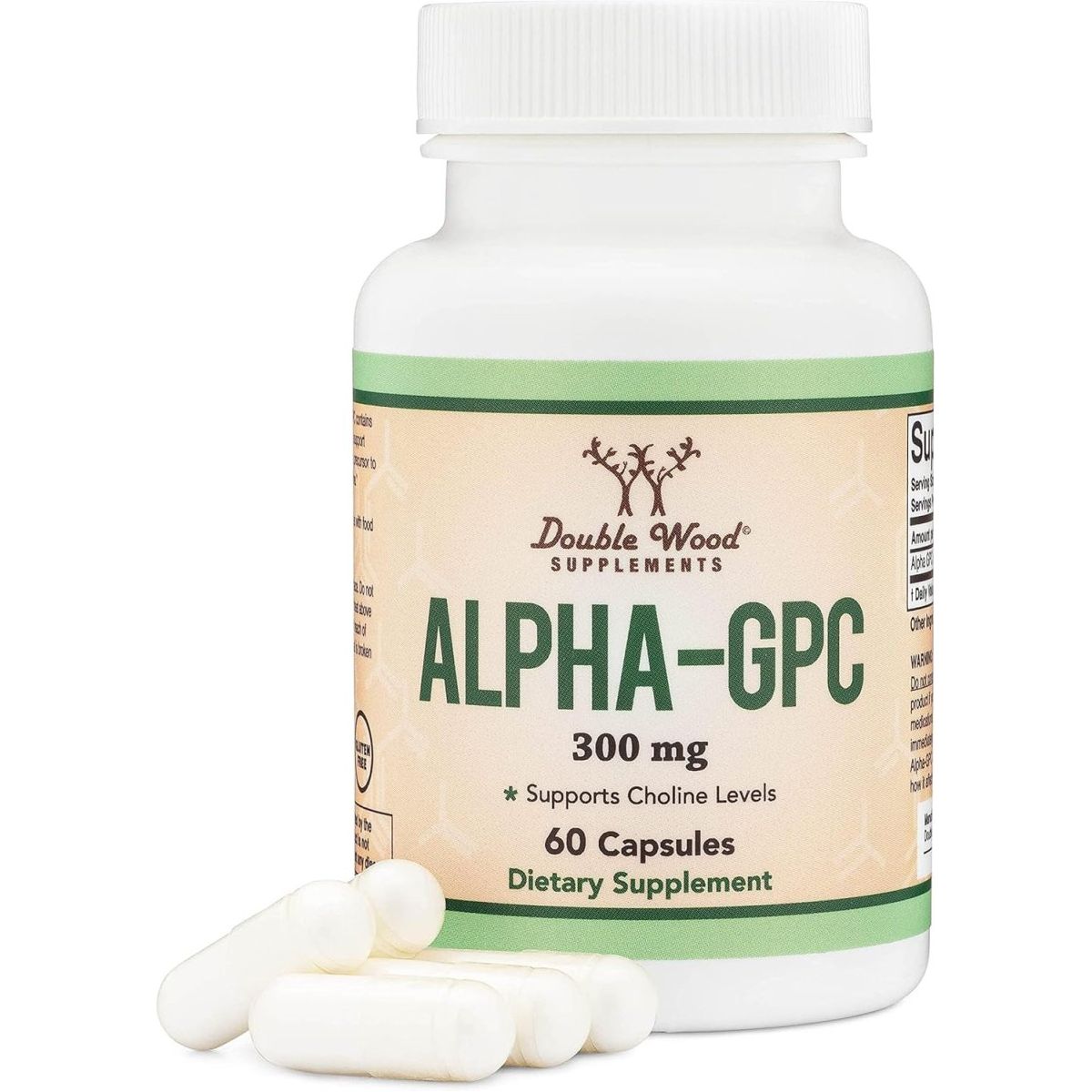 Double Wood Supplements Alpha GPC Choline Capsules - 60 Count, 600Mg Servings – Brain Support Supplement - Suppviv