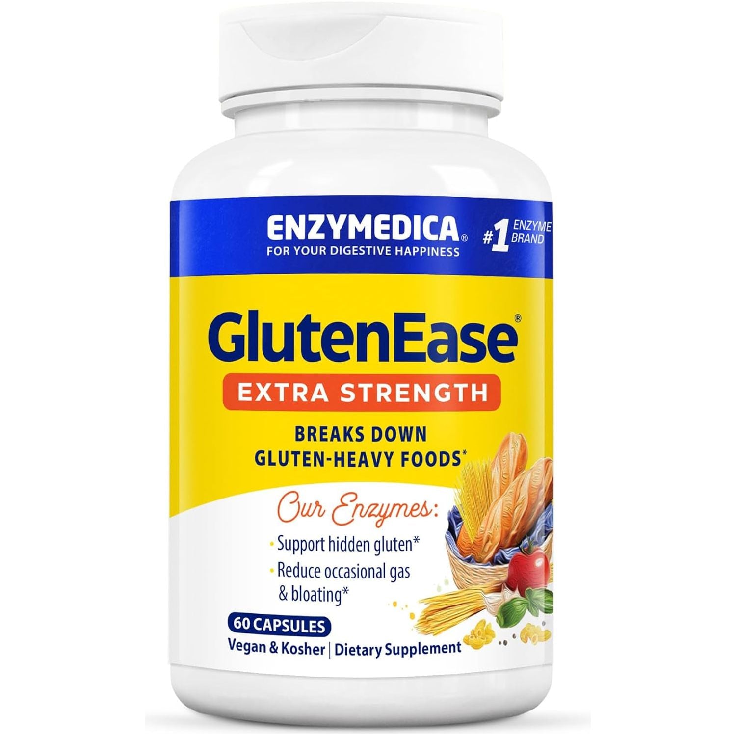 Enzymedica, Glutenease Extra Strength, Maximum Potency Digestive Enzymes, Supports Gluten & Casein Intolerance, 60 Count