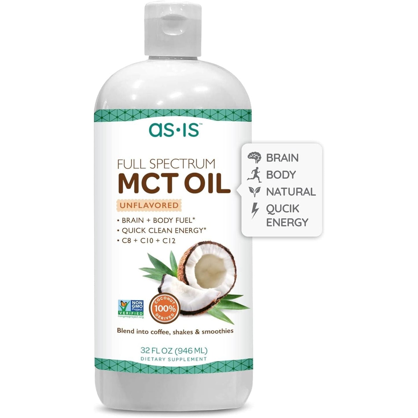 AS-IS Simply Full Spectrum MCT Oil C8, C10 & C12 | Unflavored | Perfect for Morning Coffee - 32 Fl Oz (63 Servings)