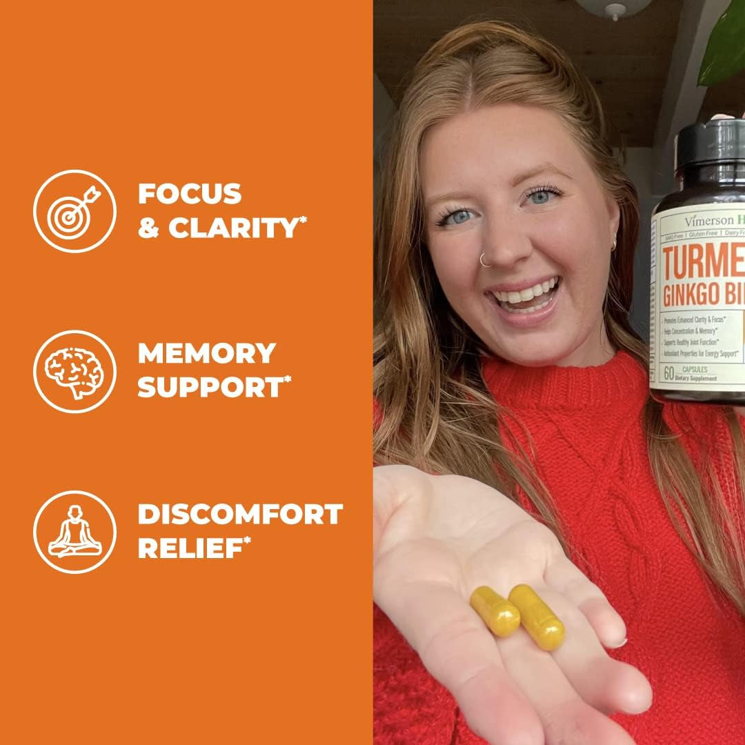 Turmeric Curcumin with Black Pepper and Ginkgo Biloba Supplements to Aid Joint Health, Brain Clarity. 60 Caps