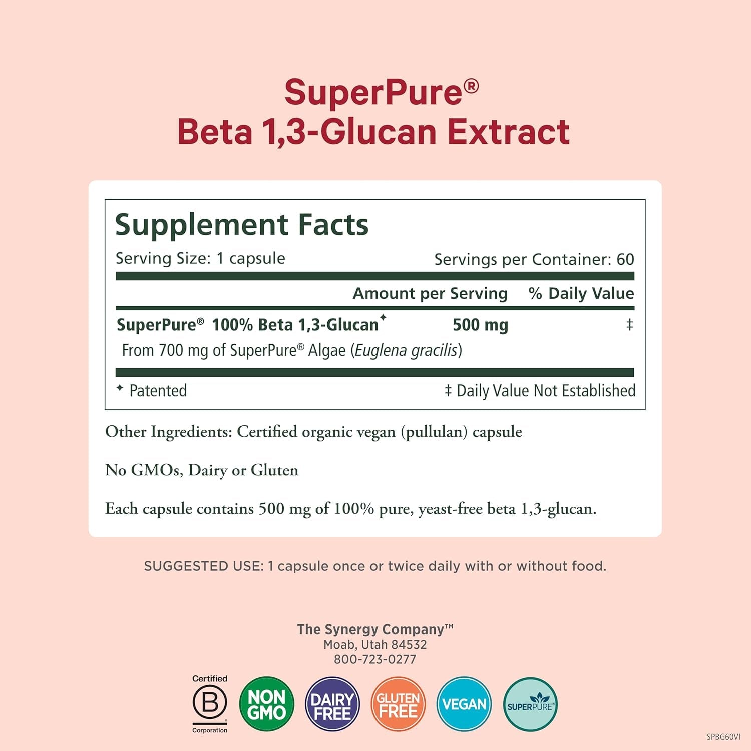PURE SYNERGY Superpure Beta 1,3-Glucan Extract 500 Mg Supports Immune Health & Digestion (60 Capsules)