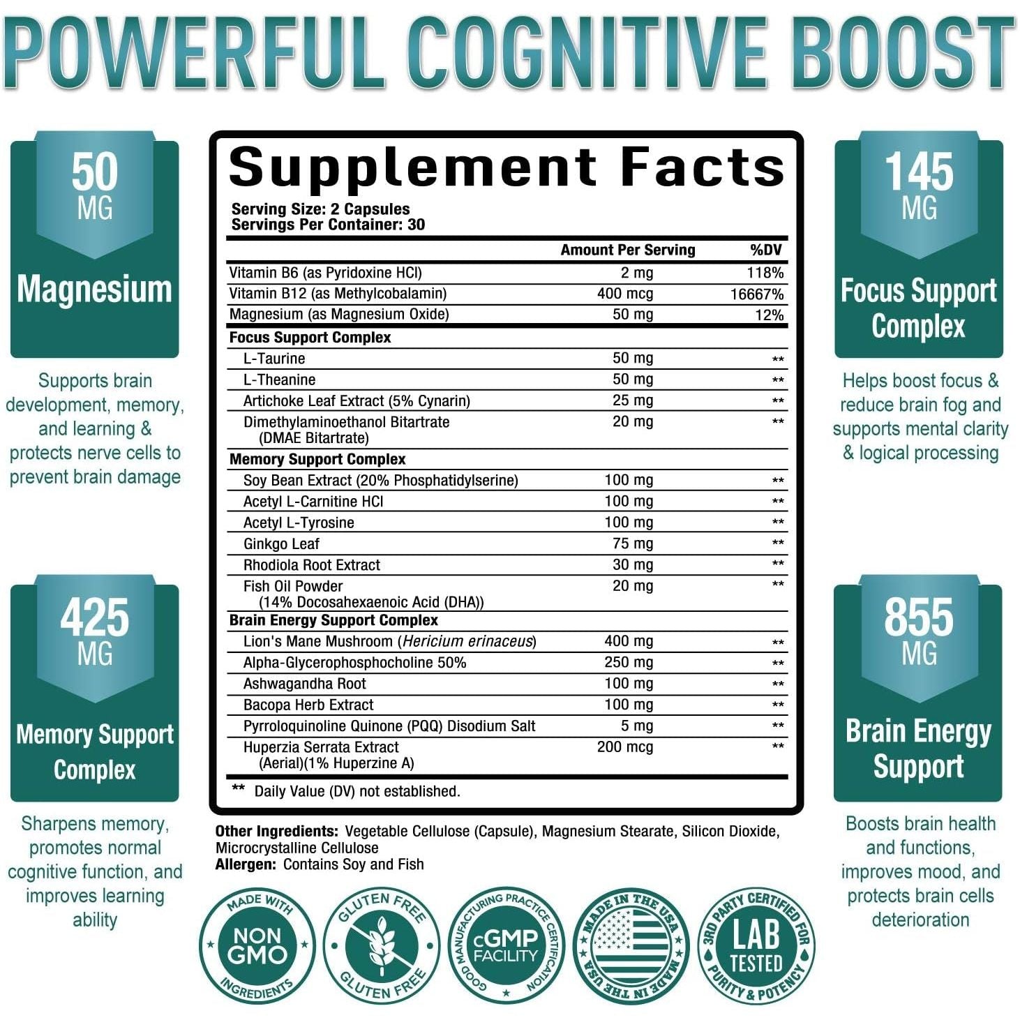 Purely Optimal Brain Supplement for Memory and Focus - 60 Capsules
