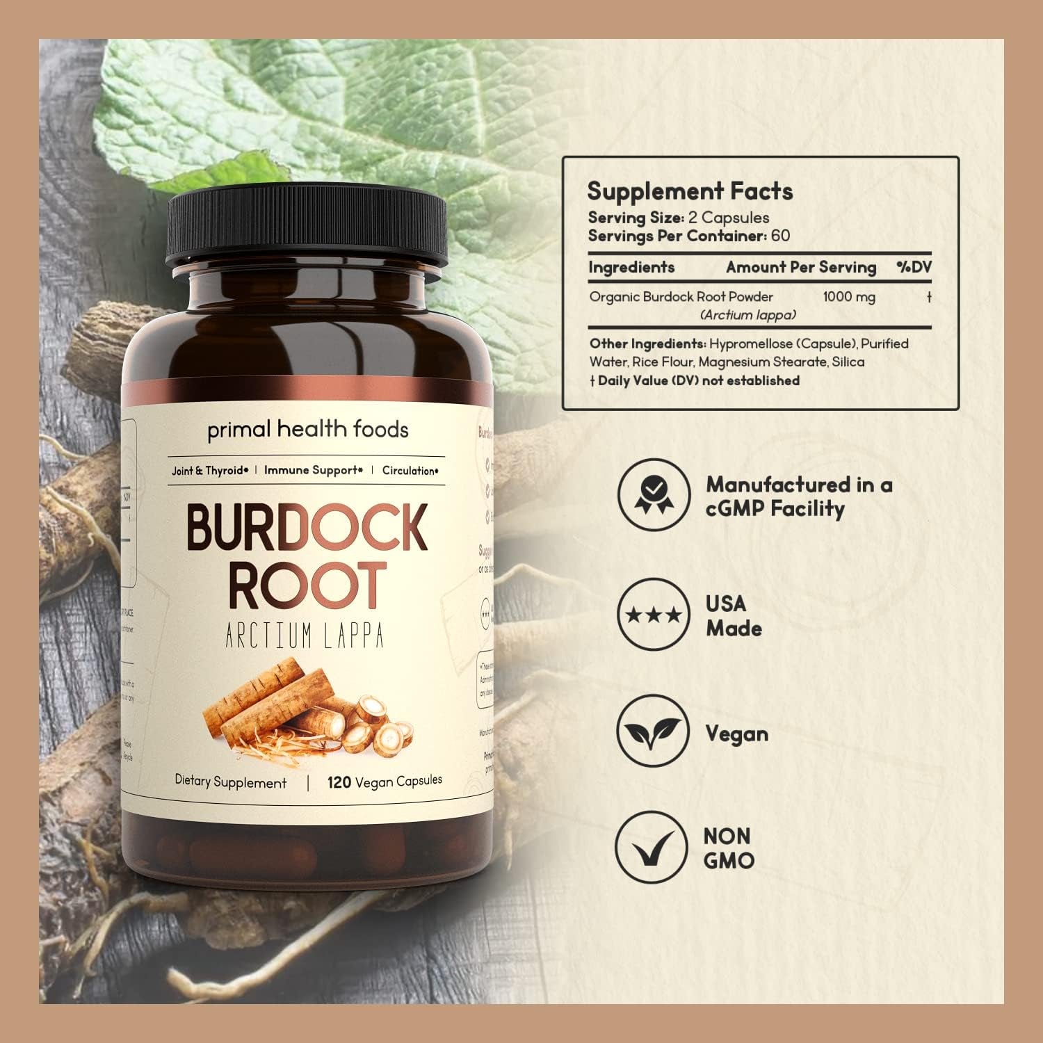 Organic Burdock Root Capsules 1000 Mg - Circulation, Blood, Immune, Thyroid, Skin and Joint Support 60 Servings