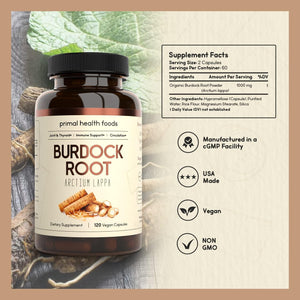 Organic Burdock Root Capsules 1000 Mg - Circulation, Blood, Immune, Thyroid, Skin and Joint Support 60 Servings