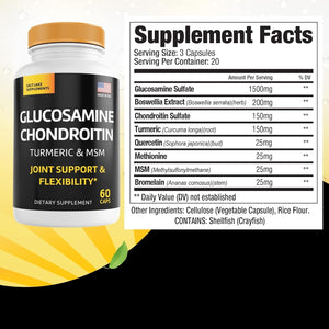 Glucosamine Chondroitin with Turmeric and MSM Supplement - Joint Health Supplement Capsules 60 Count