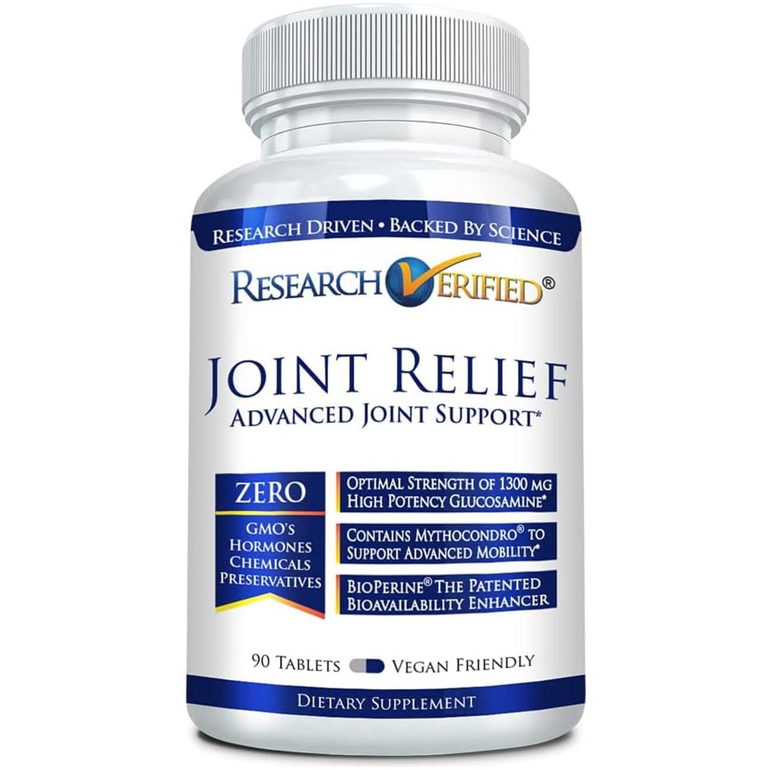 Research Verified Joint Support - Glucosamine, MSM, Turmeric, Boswellia, Bioperine - Vegan - 90 Capsules - 30 Servings