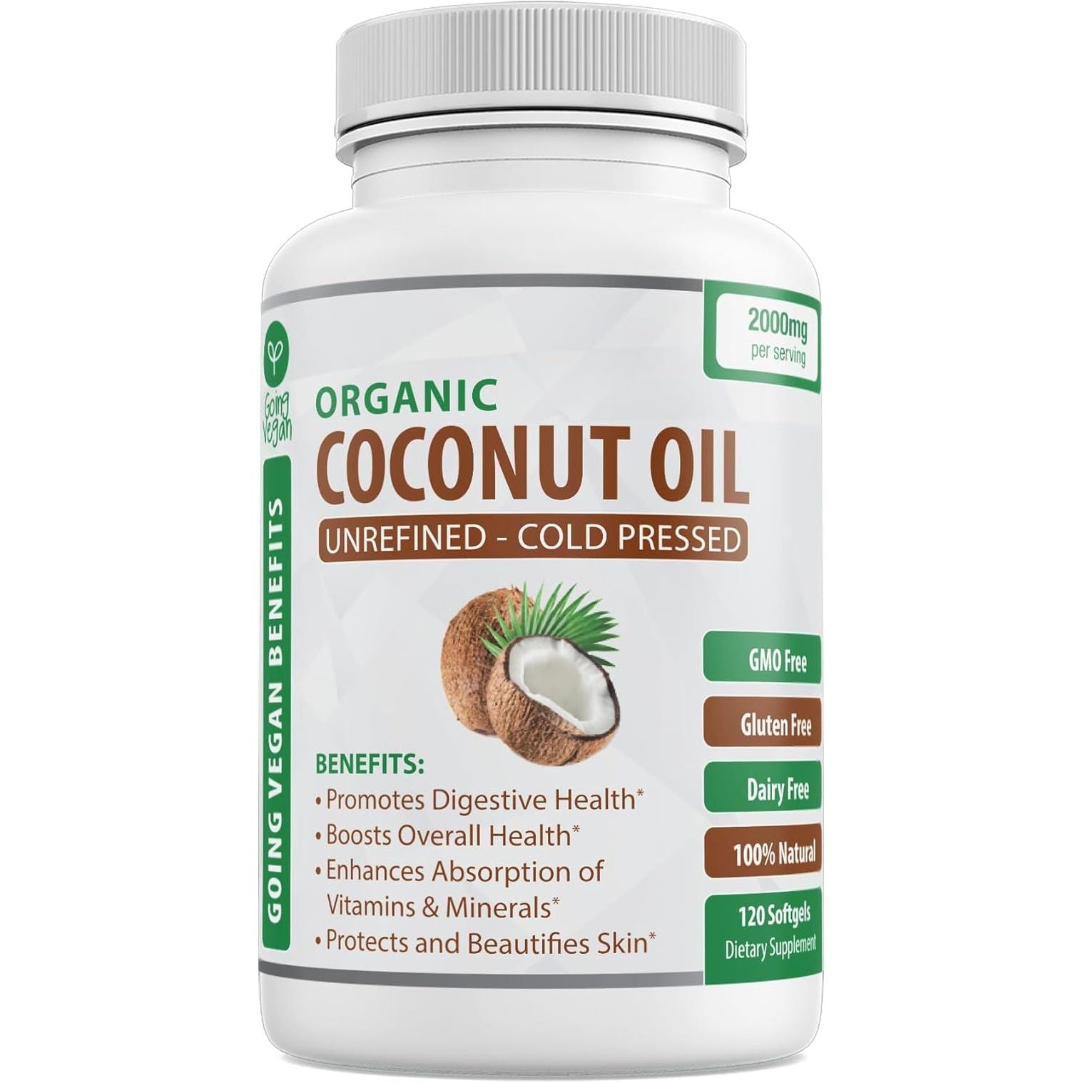 Organic Coconut Oil Capsules - Cold Pressed for Healthy Skin, Extra Hair Growth, Nail Care, Brain Booster - 120 Softgels/2000Mg