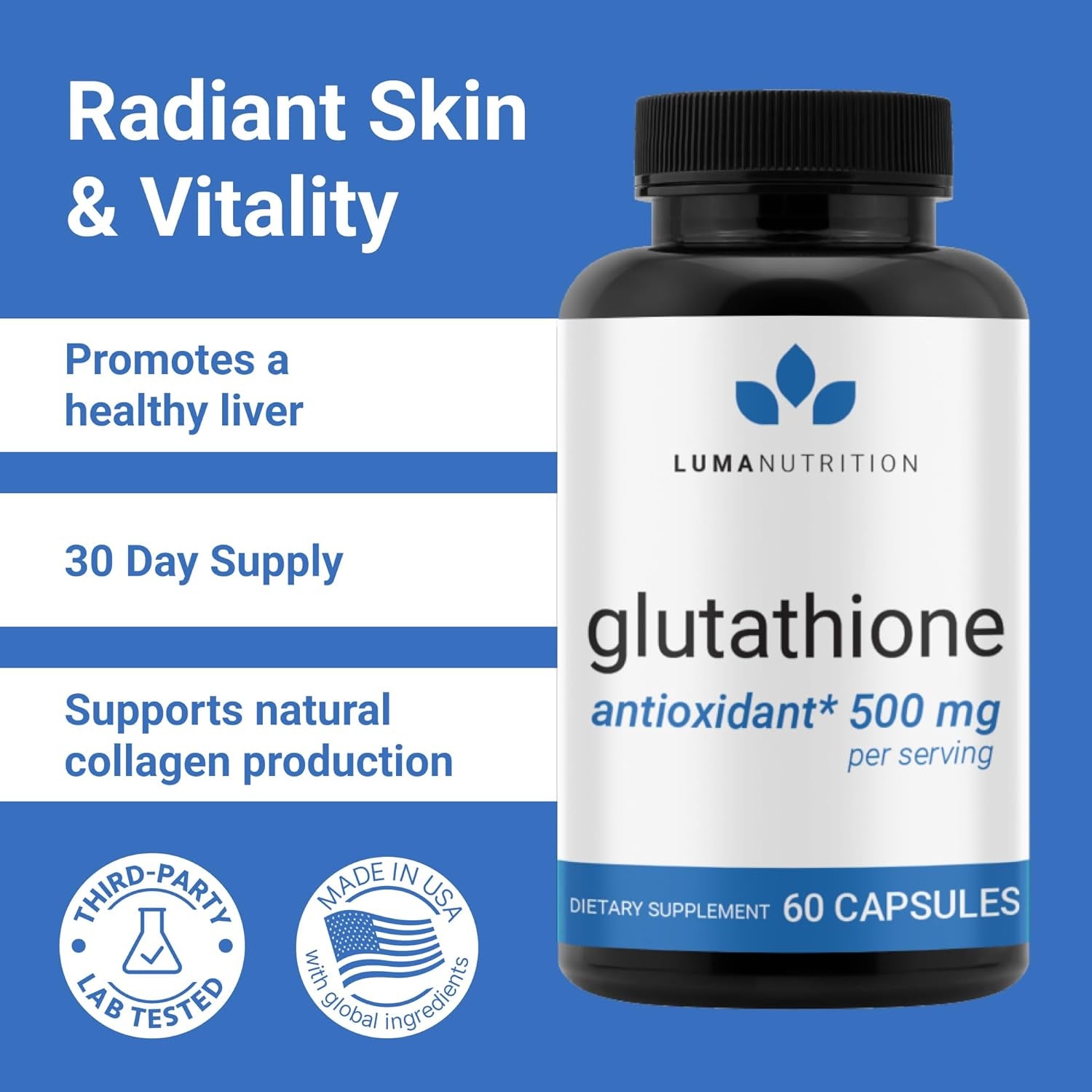 Premium Glutathione - Reduced Glutathione 500Mg - Antioxidant Support - Liver Support - 60 Capsules