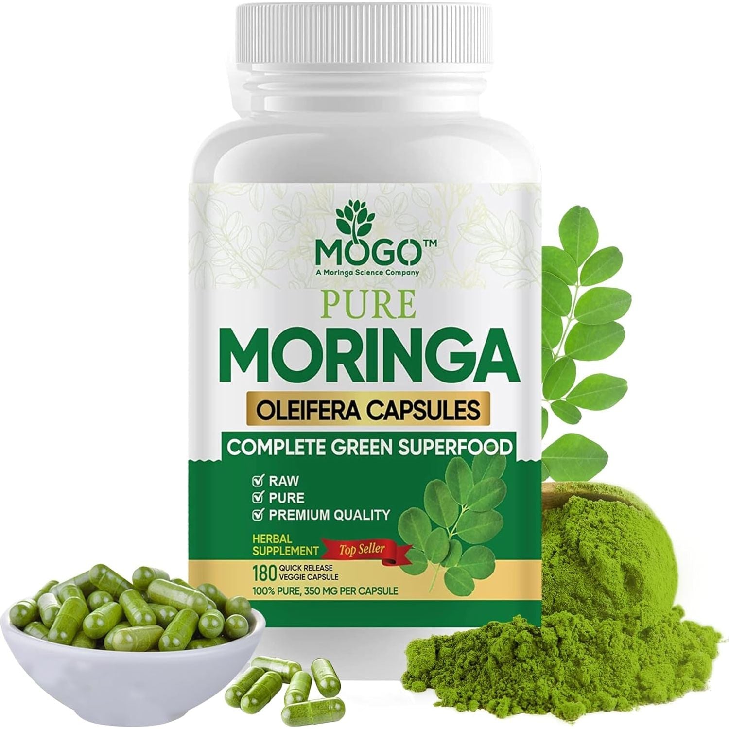 MOGO Organic Moringa Powder Capsules, for Energy, Immunity & Joint Health, 180 Count