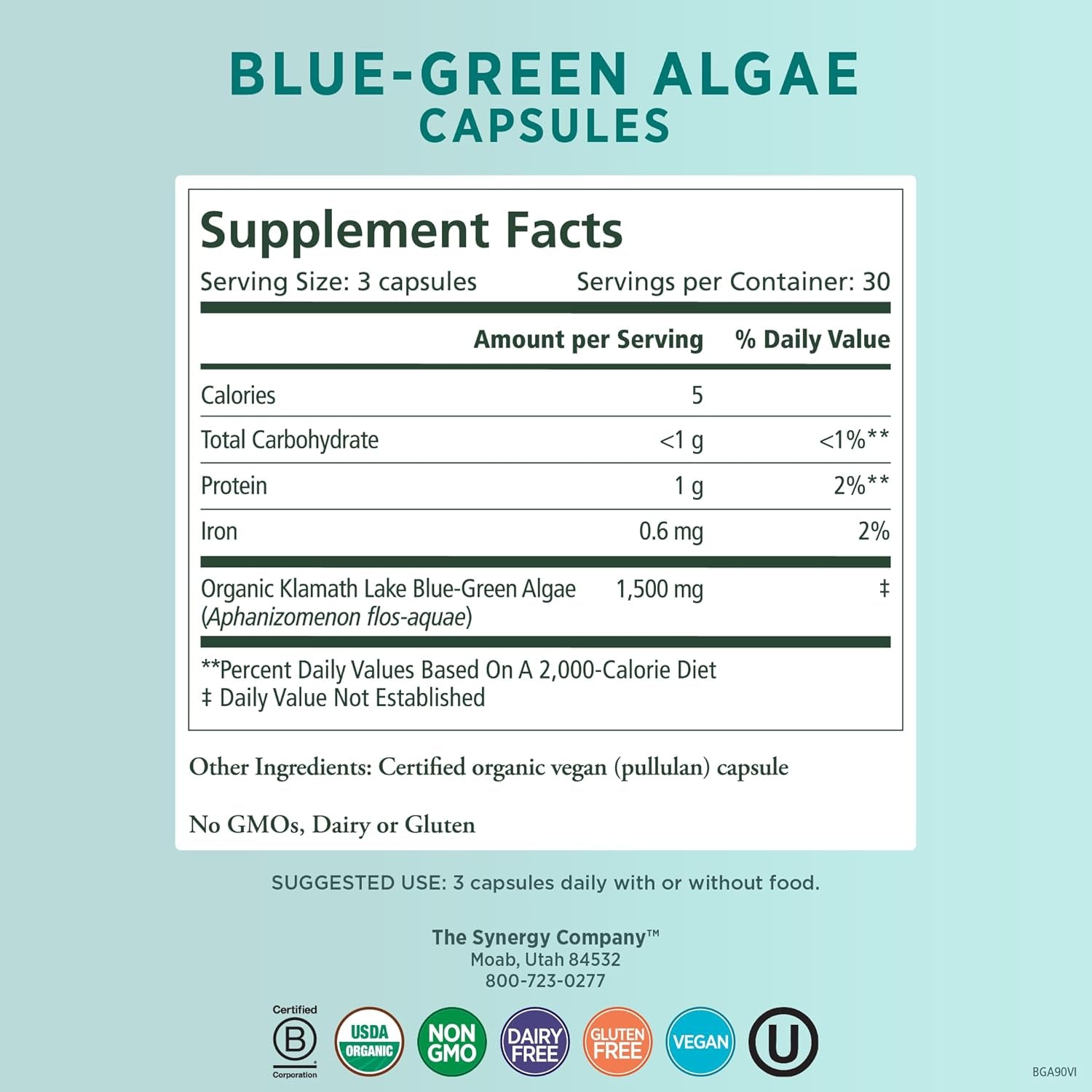 PURE SYNERGY Blue-Green Algae Capsules | Supports Energy, Mental Clarity, and Detoxification (90 Capsules)